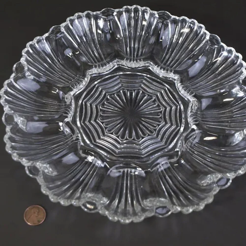 Clear Glass Deviled Egg Serving Tray Platter Anchor Hocking 896 Art Deco Vintage